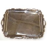 A large silver plated salver, by Walker and Hall, of rectangular shaped outline,