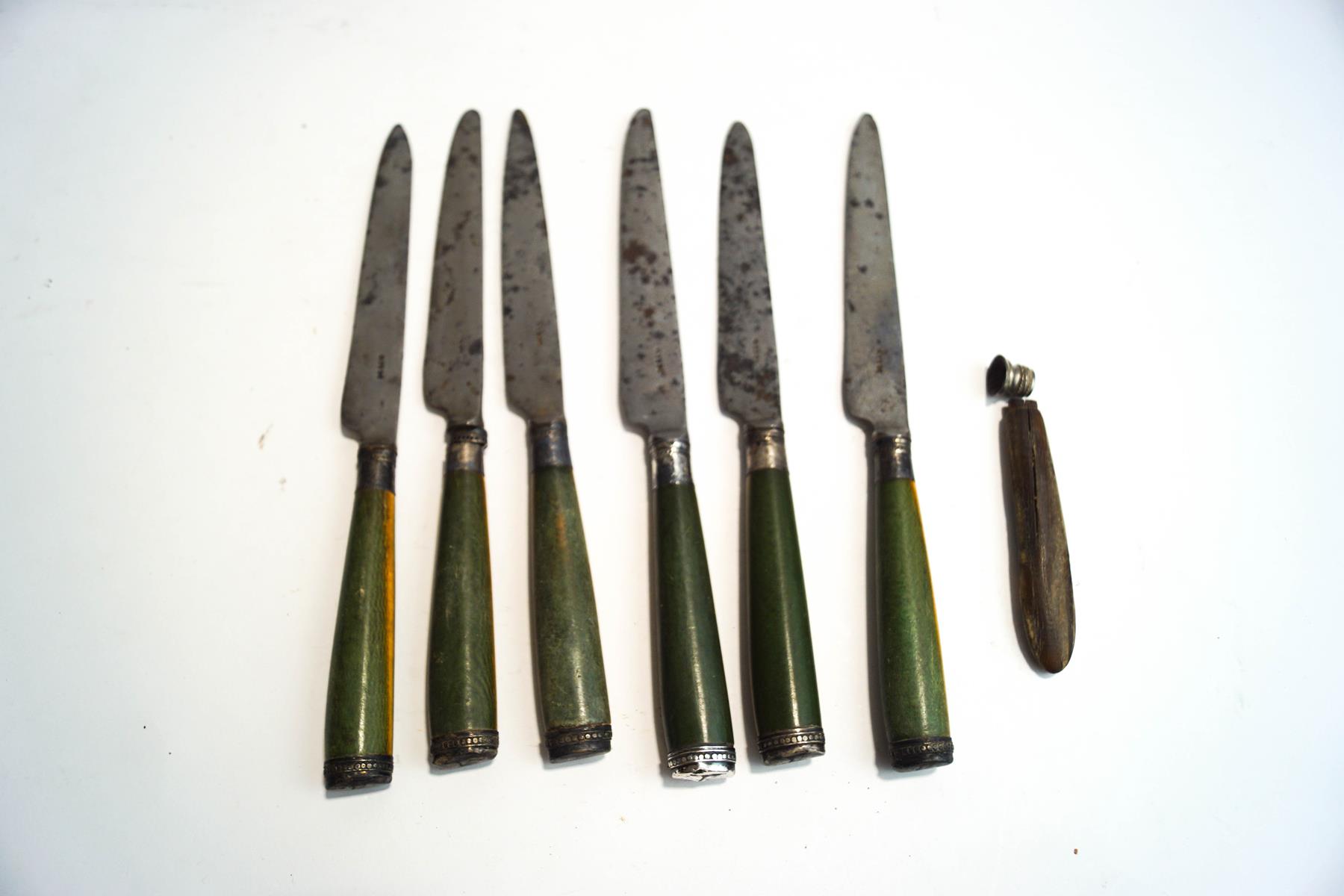 A set of six Georgian table knives with green stained ivory handles,