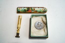 A bone handled and metal desk seal with a Stanhope of Torquay set in the handle;
