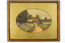 A pair of Victorian oval silks of village scenes, with embroidered flower detail,