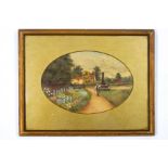 A pair of Victorian oval silks of village scenes, with embroidered flower detail,