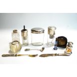 A glass match strike globe with silver rim; six dressing table bottles/scent atomisers,