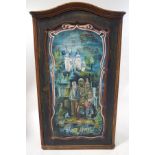 A Continental painted wardrobe, the shaped panelled door decorated with figures in a city scape,