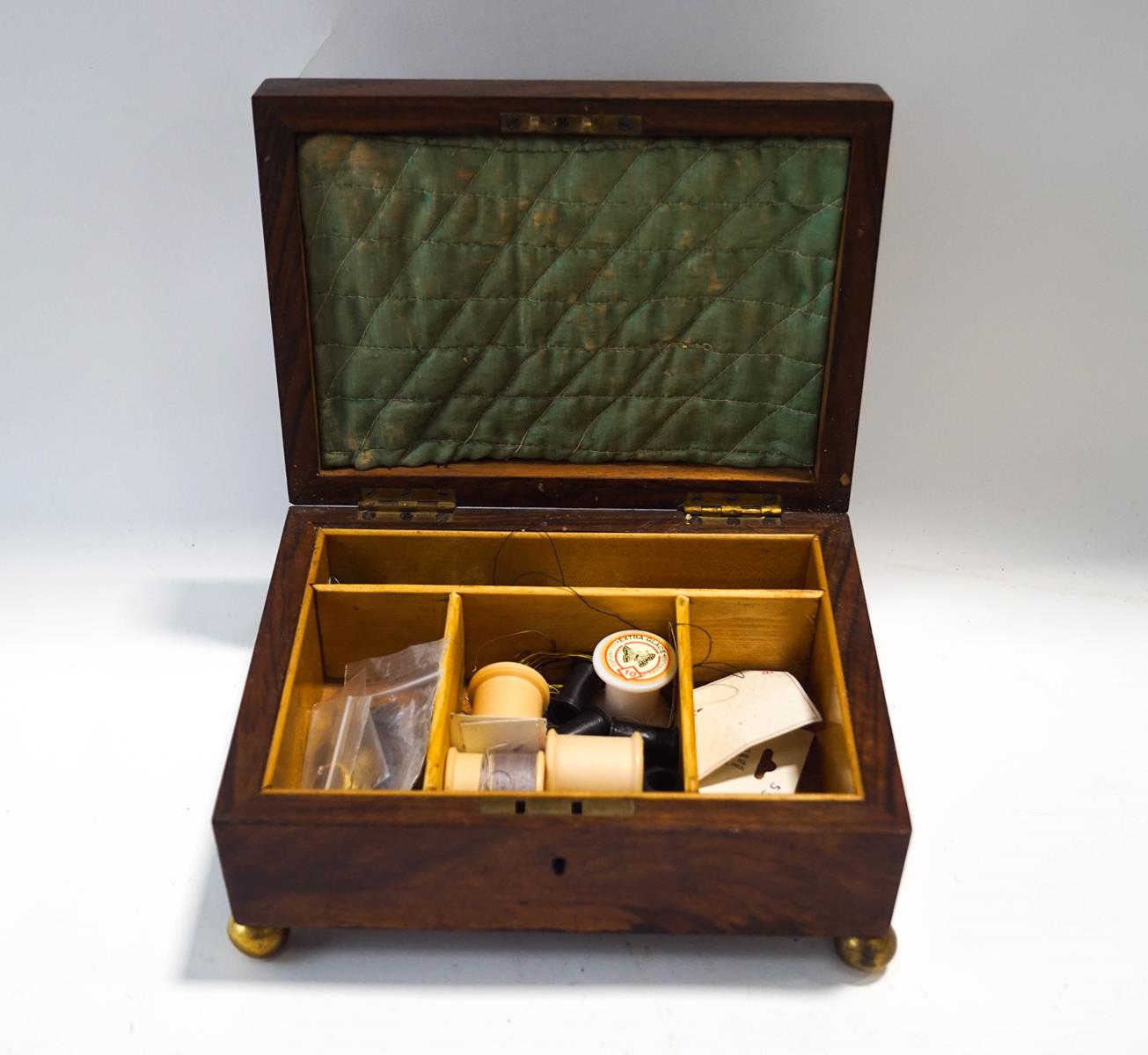 A Victorian walnut work box with compartmental interior, raised on ball feet, - Image 2 of 2