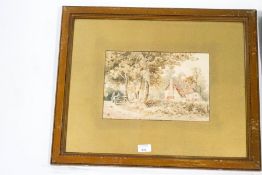 English School, 19th century Cottage with Figures Watercolour Signed F... Bowers 31.5cm x 21.