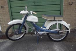A 1964 NSU Quickly S2/23, registration number AHY 21B, chassis number 1645009, blue and grey.