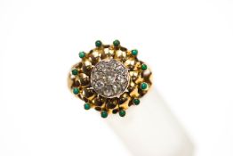 A diamond and turquoise cluster ring, unmarked,