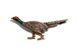 A rose diamond and enamel pheasant brooch, stamped 'Platm' and '18ct', 4.9 cm long, 5.