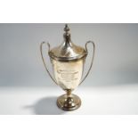 A silver two handled trophy cup and cover, Birmingham 1929, for the Mendip Hunt Point to Point 1932,