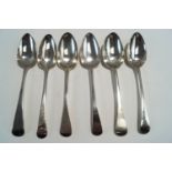 A matched set of six antique silver table spoons, various makers and dates, old English pattern,