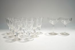 A set of eight Mercers Company drinking glasses, and two champagne glasses,