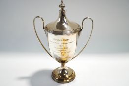 A silver two handled trophy cup and cover, Birmingham 1929, for the Mendip Hunt Point to Point,