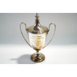 A silver two handled trophy cup and cover, Birmingham 1929, for the Mendip Hunt Point to Point,