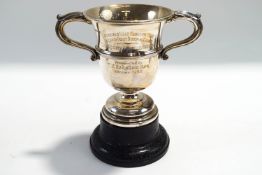 A silver handled trophy cup,