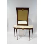 A Louis XVI style console table with white marble top, and mirror,