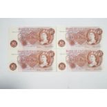 Four ten shilling notes, each with consecutive numbers,