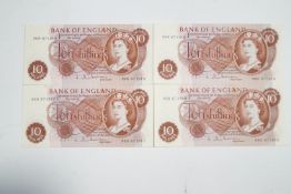 Four ten shilling notes, each with consecutive numbers,
