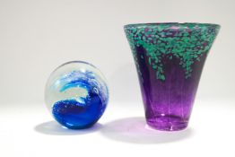 A flared studio glass vase, purple and mottled green,