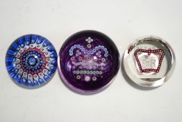 Three commemorative paperweights: Caithness Golden jubilee 264/500, Whitefriars 1953 Jubilee,