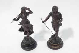 A pair of Spelter bronze patinated figures of harvesters on ebonised bases,
