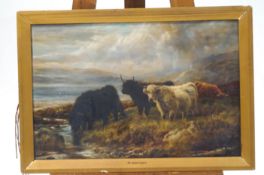 R.xxx Watson Highland Cattle Oil on Canvas Signed and dated 1918, lower right 41cm x 61.