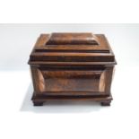 A 19th century walnut work box, the cushion shaped sides and top with parquetry inlay,
