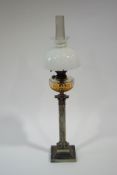 A Victorian Messenger's silver plated Corinthian column oil lamp, 99cm high overall,