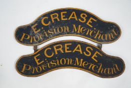 Two Crease's pony and trap wooden signs, with handpainted lettering 'E.
