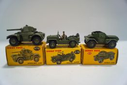 A Dinky 670 Armoured Car, boxed, a 674, Austin Champ, boxed and a 673 Scout Car,