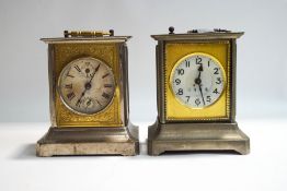 A German alarm musical clock, chrome and brass case, 15cm high,