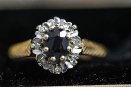 A 9 carat gold sapphire and diamond cluster ring, the oval cut stone enclosed by eight single cuts,