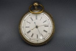 An open faced pocket watch with stop watch action, the white enamel dial with black Roman numerals,