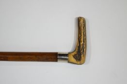 A Malacca shafted walking stick with wooden handle, 2 silver collars,
