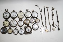 A collection of sixteen silver and silver coloured cased pocket and fob watches, some key wound,
