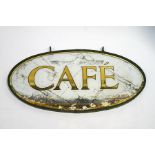 A glass double sided hanging cafe sign with metal frame and double hooks,