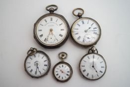 A collection of five silver and silver coloured cased pocket and fob watches, one by H.