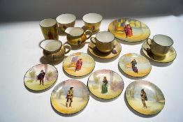 A Royal Doulton tete a tete service, decorated with figures from Shakespeare plays,