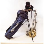 A golfing bag containing a quantity of irons and woods,