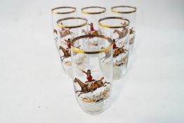 A set of six glasses each printed with a hunting scene