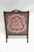 A mahogany framed fire screen with beadwork and woolwork banner, 77.
