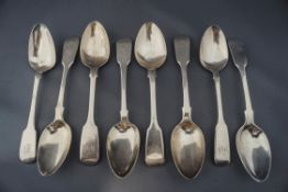 A collection of eight antique silver fiddle pattern teaspoons, various makers and dates,