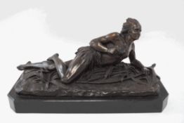 After Duchoiselle: a bronzed figure of a Native American Indian hunter, on a marble base,