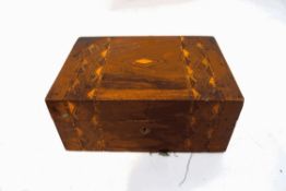 A Victorian walnut and parquetry sewing box, lacking interior, 12cm high x 27.5cm wide x 19.
