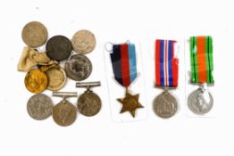 Two WWII medals in box, addressed to L A Baker of Shriley, together with seven other WWII medals,