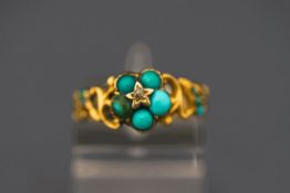 A turquoise and diamond ring, stamped '9ct' in the Victorian style,