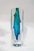 An Art Glass blue and green cylindrical vase, possibly Scandinavian, etched signature to base,