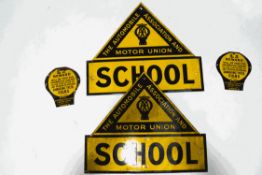 Two Automobile Association driving school enamel signs, 66cm wide x 56cm high,