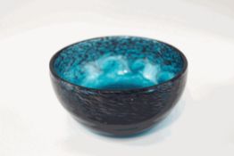 A Strathearn glass bowl, deep blue with purple swirl and gold aventrine decoration,