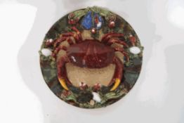 A Palissy style pottery plate, modelled as a crab and mussels,