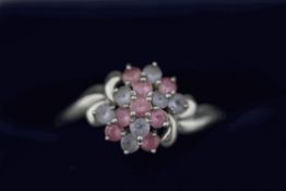 A platinum cluster ring of very pale sapphires and rubies, finger size P1/2, 4.
